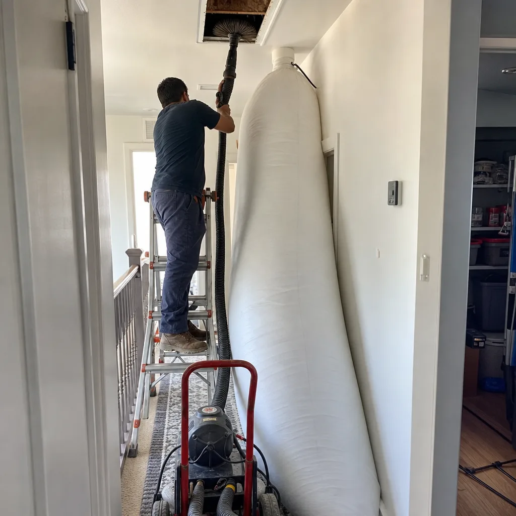 Technician using professional air duct cleaning vacuum equipment