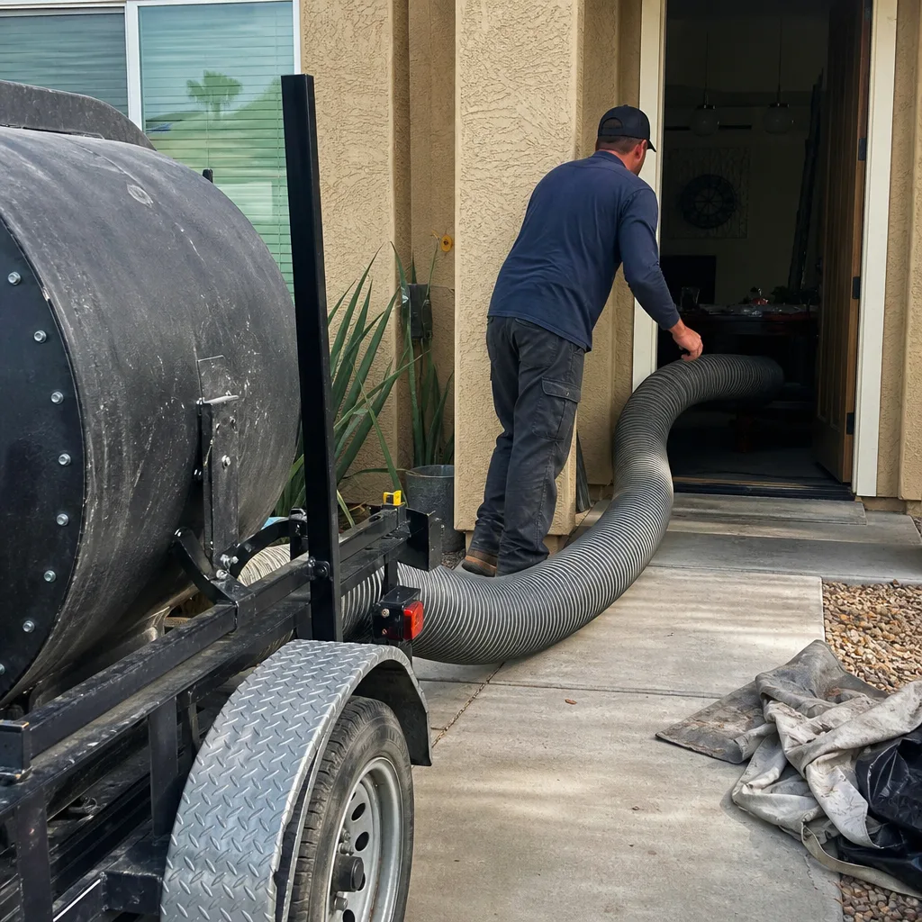 Technician using professional vacuum equipment for air duct cleaning services.