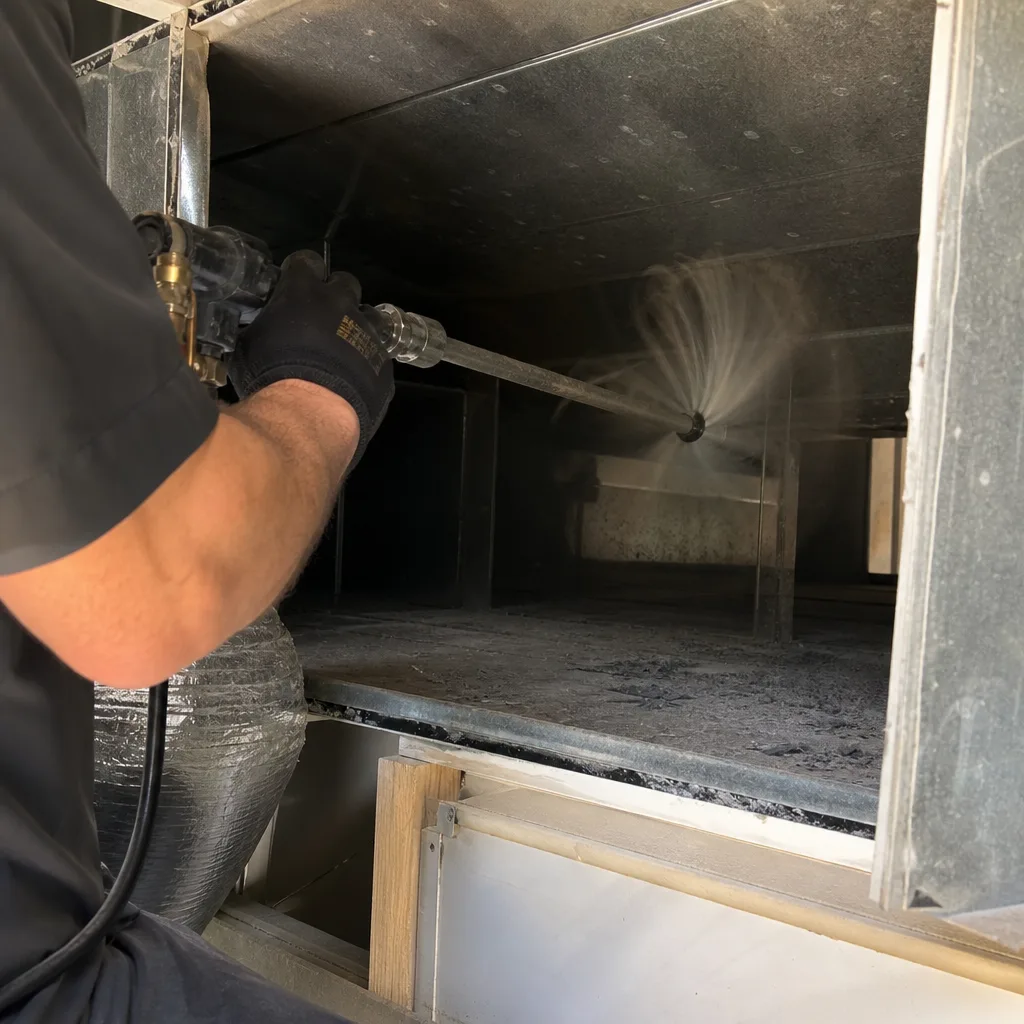 Technician using professional air duct cleaning equipment on HVAC system