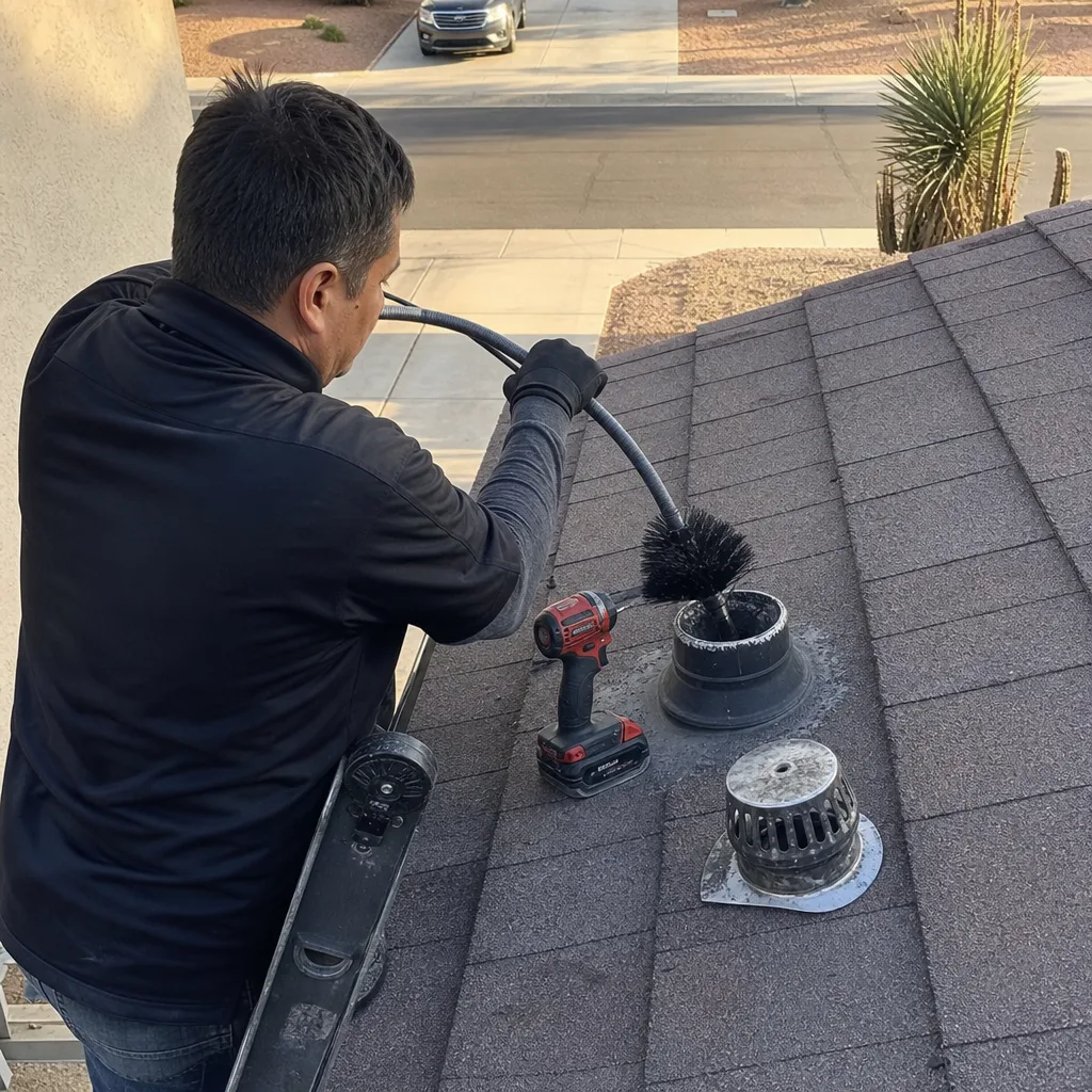 Professional dryer vent cleaning specialist cleaning roof vent with rotary brush