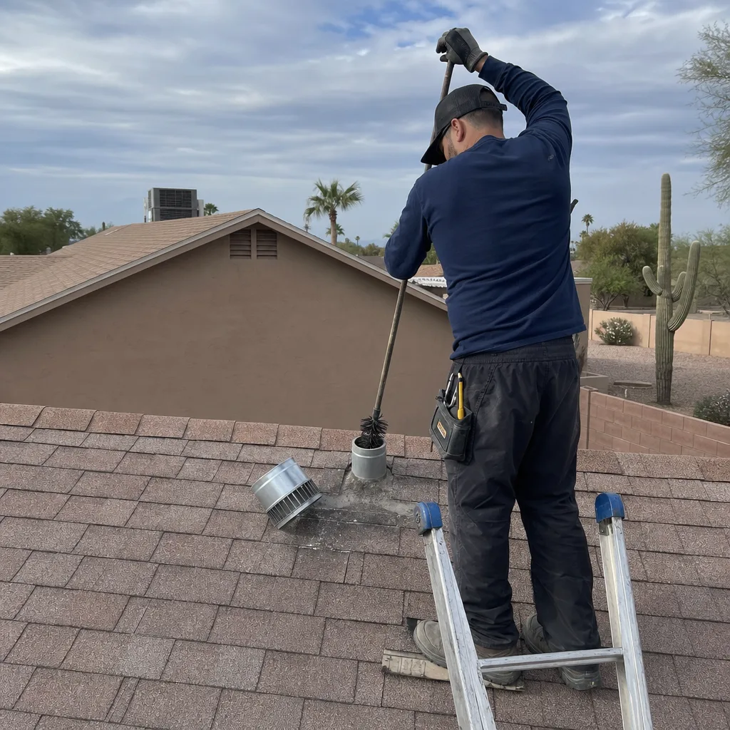 Technician performing professional dryer vent cleaning on a residential roof