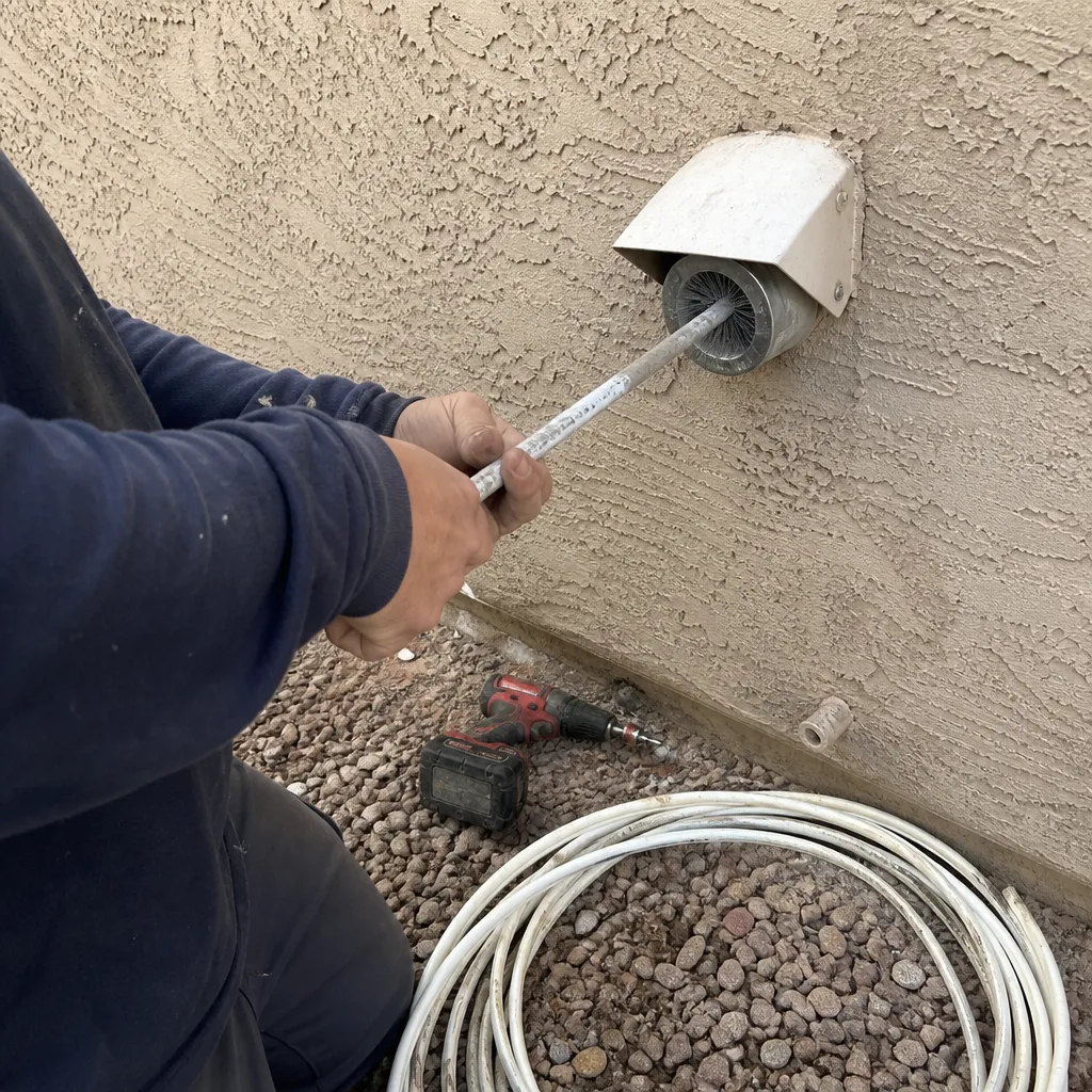 Technician using professional rotating brush for dryer vent cleaning service
