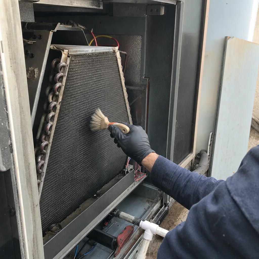 HVAC technician cleaning condenser coils with a brush