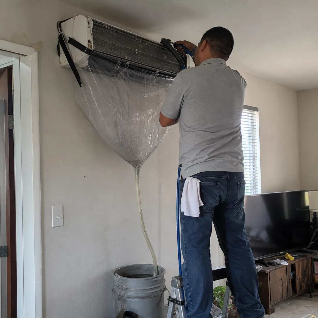 Technician performing professional ductless HVAC unit cleaning and maintenance