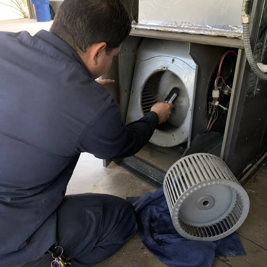 Technician performing professional HVAC system blower wheel cleaning and maintenance